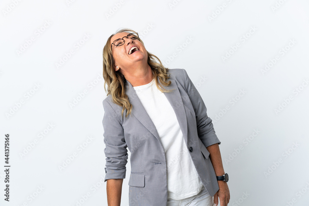 Middle aged business woman over isolated white background laughing Middle aged business woman over isolated white background laughing