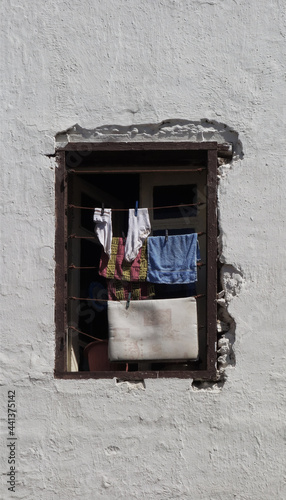 Spread out laundry on an old  traditional window  Casablanca  Morocco