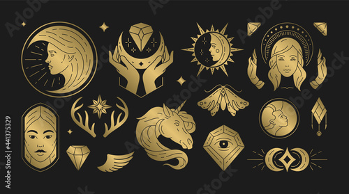 Magic woman boho vector illustrations of graceful feminine women and esoteric symbols set