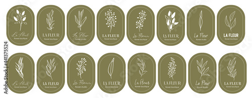 Logo design template and monogram concept in trendy linear style with arch - floral frame with copy space for text or letter - emblem for fashion, beauty and jewellery, Wedding invitation, socia.
