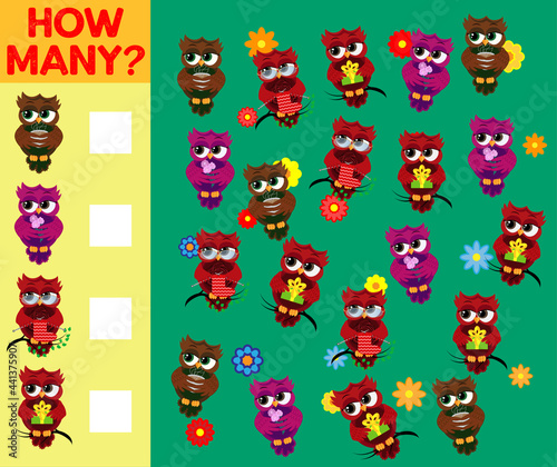 Cartoon Illustration of Educational Counting Activity Game for Children with Bird Characters