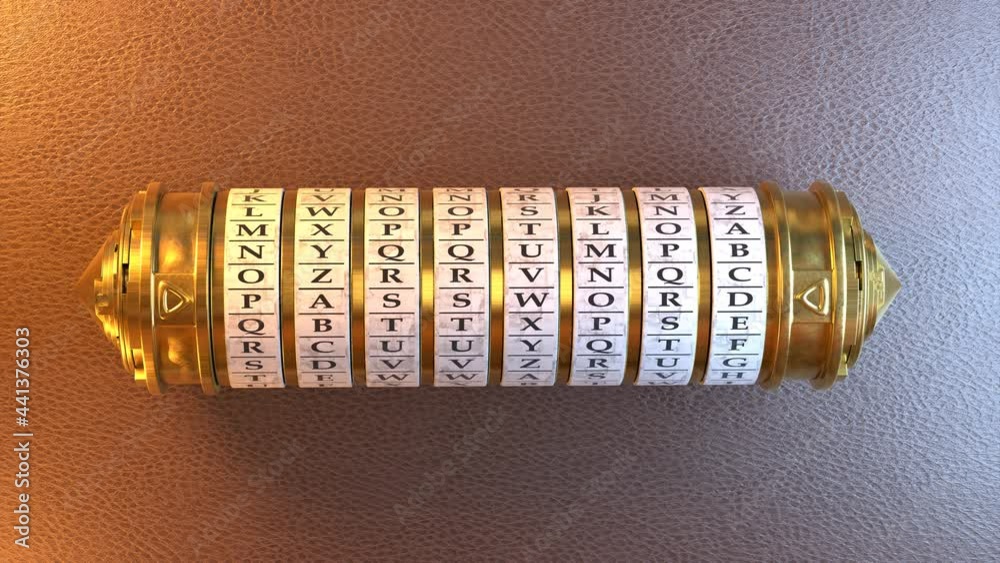 Ancien appareil protégé par mot de passe. Les anneaux tournent pour aligner les lettres qui composent le mot PASSWORD. Vidéo bouclable. Rendu 3D
