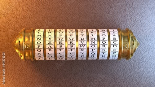 Ancien appareil protégé par mot de passe. Les anneaux tournent pour aligner les lettres qui composent le mot PASSWORD. Vidéo bouclable. Rendu 3D
