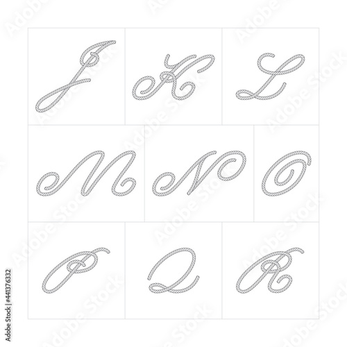 Vector alphabet characters composed of rope. Characters J to R. Isolated on white background.