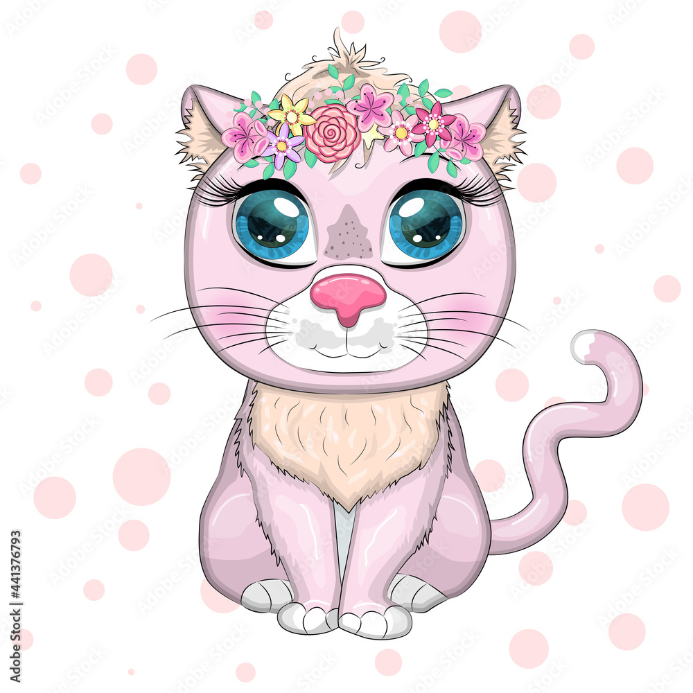Cute cartoon pink cat, kitten on a background of flowers Cute cartoon pink cat, kitten on a background of flowers