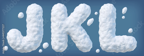 Snowy alphabet with letters J, K, L. Lettes made of snow. Winter font on blue background. Vector illustration