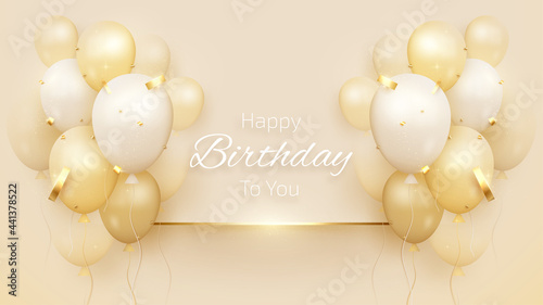 Happy birthday card with luxury balloons and ribbon 3d style realistic on cream shade background. vector illustration for design.