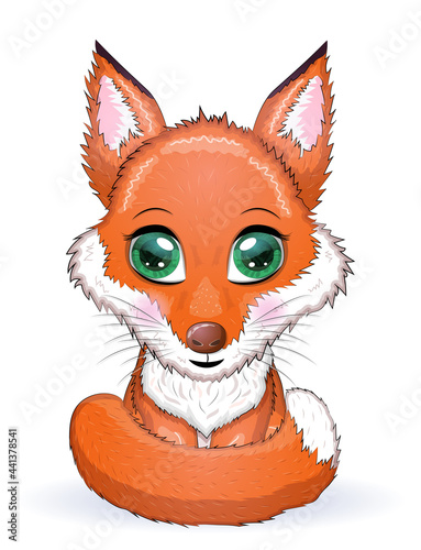 Cute red fox with fluffy tail
