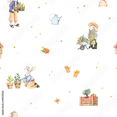 Watercolor cute bunnies seamless pattern. Gardeners with boxes and vegetables. Baby bunny background. Harvest. Garden, plants. Baby characters. Perfect for fabric, textile, invitations, cards, packing
