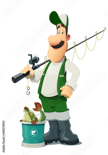 Fisherman with rod. Cartoon character, Isolated on white background. Eps10 vector illustration.