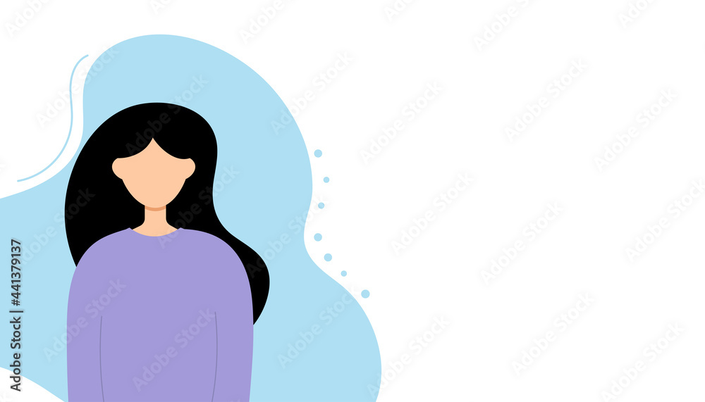 Woman flat character design. Front portrait view with blue and white background. Space for text. Vector illustration.