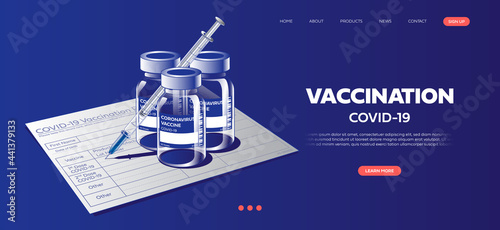 Certificate of vaccination against COVID-19. Syringes and bottles containing anti-Covid-19 medicines.