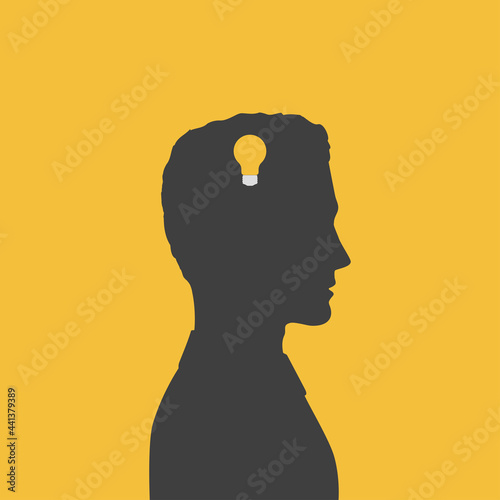 Silhouette profile of man with lamp bubble in his head - metaphor of new idea. Poster of effective brainstorm, creative thinking and idea generation.