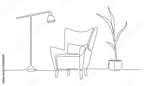 One continuous Line drawing of armchair and lamp and potted plant. Stylish furniture for living room interior in simple linear style. Editable stroke Vector illustration