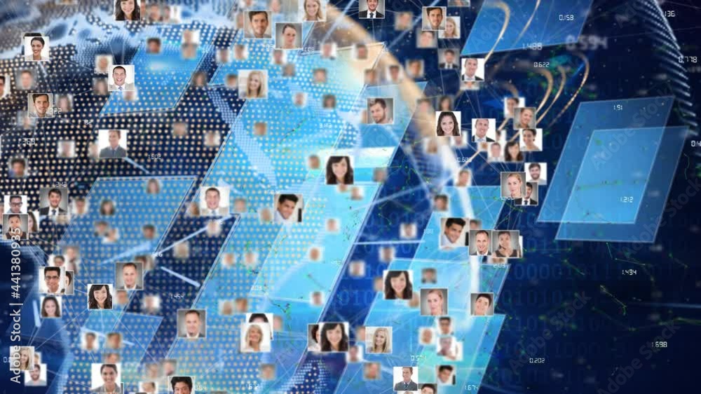 Animation of people portraits rotating around globe with data processing, on black