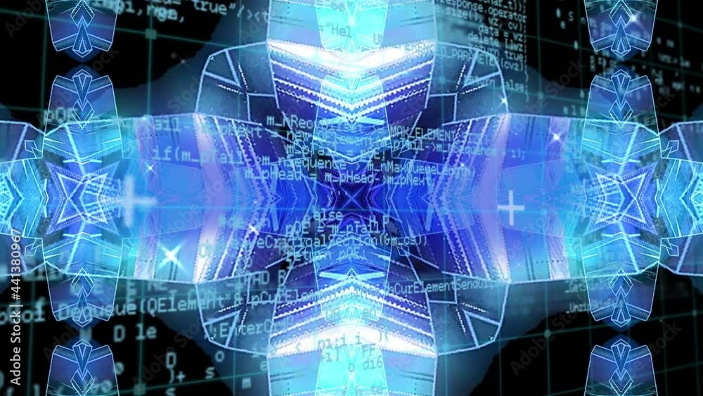 Digital animation of kaleidoscopic pattern against data processing on black background