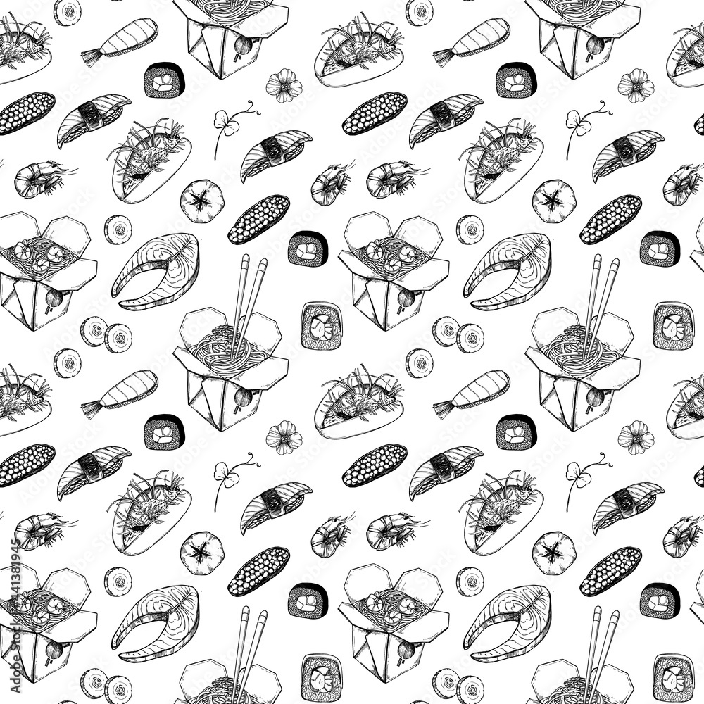 Asian food - vector seamless pattern. Hand drawn illustrations: wok, sashimi, sushi, hand with chinese chopsticks, vegetables, seafood. Perfect for restaurant, menu, cafe, wrapping paper, textile Asian food - vector seamless pattern. Hand drawn illustrations: wok, sashimi, sushi, hand with chinese chopsticks, vegetables, seafood. Perfect for restaurant, menu, cafe, wrapping paper, textile