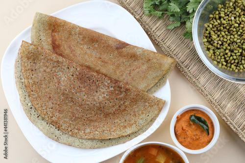 green moong daal dosa with tomato chutney and sambhar, south Indian food