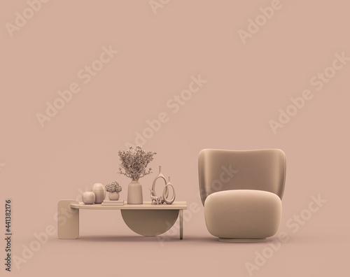 Single armchair and coffee table in monochrome single color rosy brown  pinkish color interior room with empty wall  3d Rendering