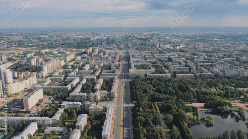 Aerial view of the center of a typical European city with high-rise buildings