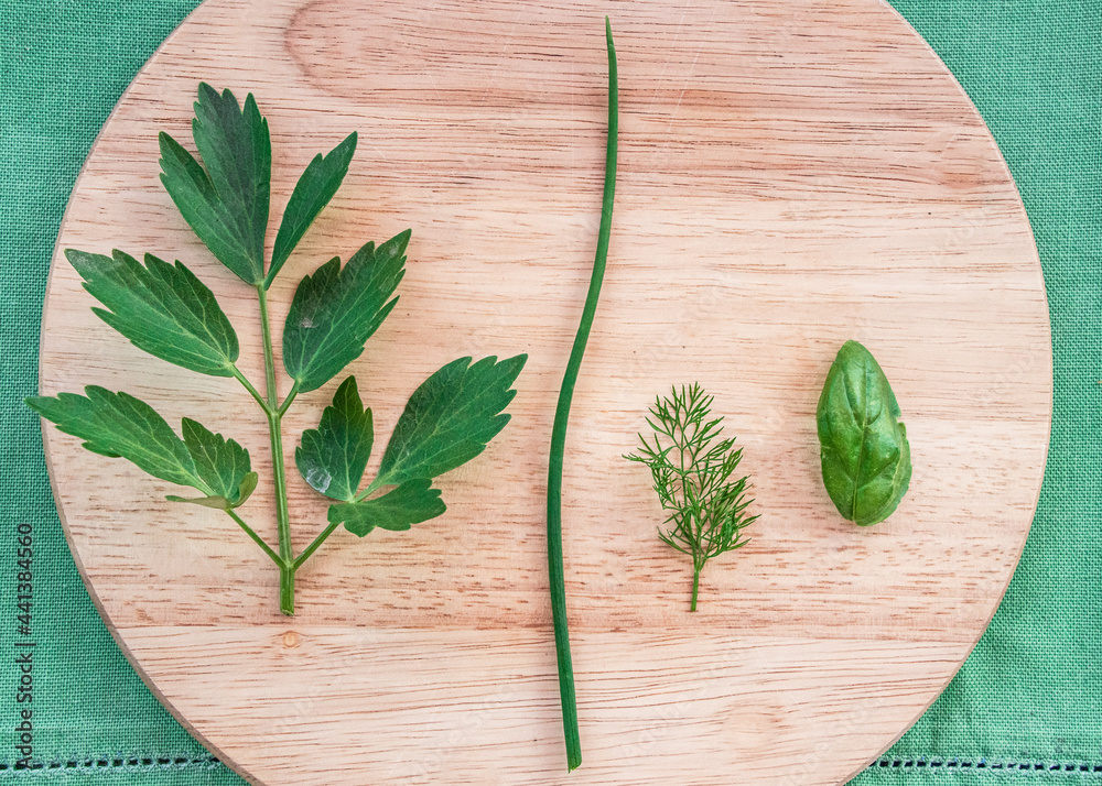 Freshly picked herbs such as lovage, basil, dill and leeks on wooden board Freshly picked herbs such as lovage, basil, dill and leeks on wooden board