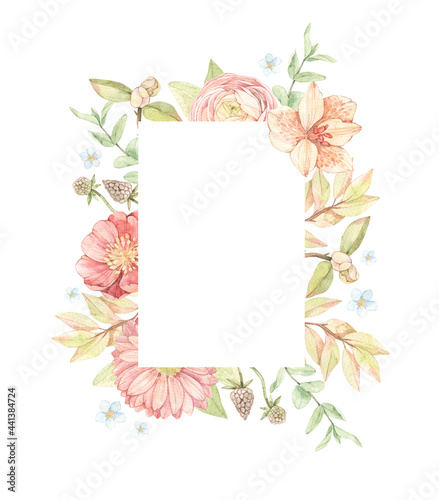 Watercolor floral frame with gentle field flowers, leaves, eucalyptus, branches. Rectangle botanical card with Ranunculus, lilies, gerberas. Perfect for wedding invitations, packages, save the date photo