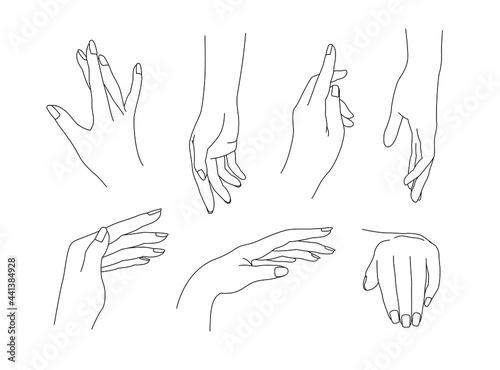 A collection of realistic linear female hands. Isolated vector gesture icon set on white background. Elegant line hands for logos, cosmetics brands and nail salons. Vector with editable strokes.