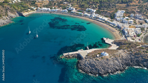 Aerial drone photo of beautiful twin bay, beach and small village of Kapsali below iconic castle of Kythera island, Ionian, Greece