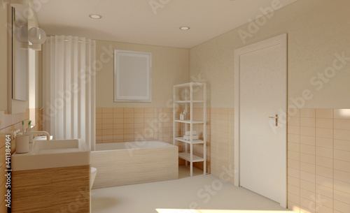 Spacious bathroom in gray tones with heated floors, freestanding tub. 3D rendering.. Mockup. Empty paintings