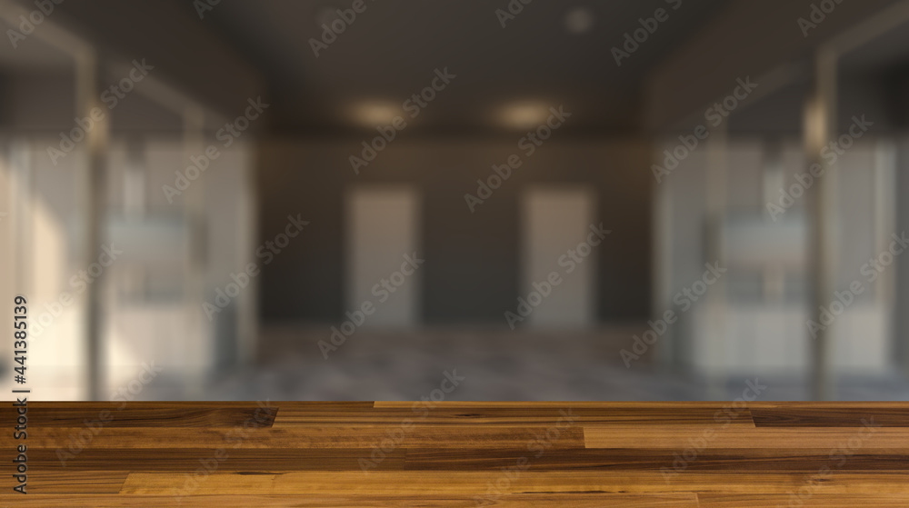 Background with empty table. Flooring. Modern office Cabinet.  3D rendering.   Meeting room