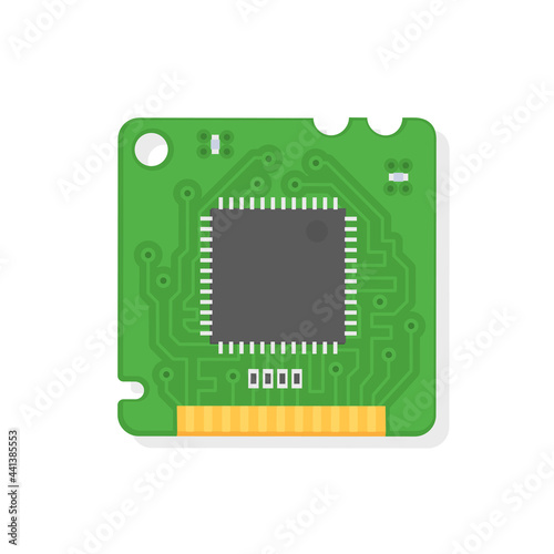 Green Electronic Microcircuit. The microprocessor and computer chip icon. Computer component central processing unit CPU. Vector illustration, flat style.