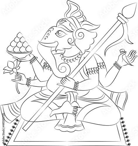 Illustration of Lord Ganpati/Ganesha drawn in Pinguli folk art style of Maharashtra India. for textile printing, logo, wallpaper