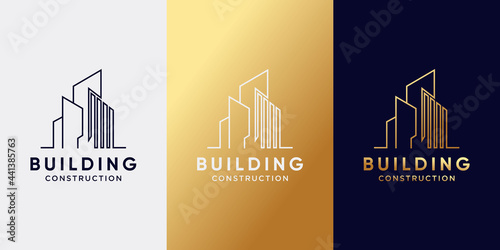 Building construction logo design with line art and golden gradient style color