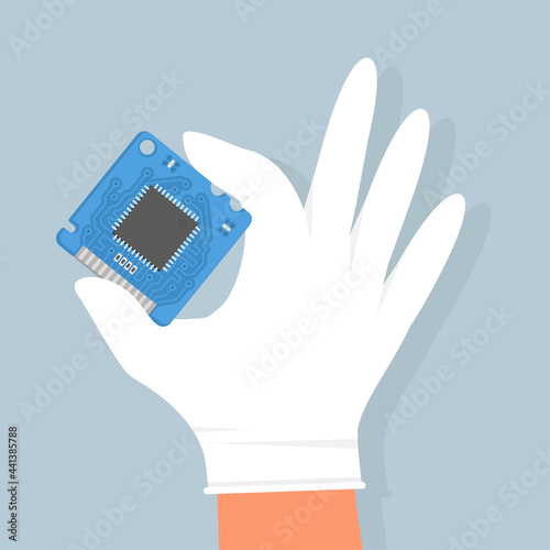 Blue Electronic Microcircuit in hand. The microprocessor and computer chip icon. Computer component central processing unit CPU. Service center. Vector illustration, flat style.
