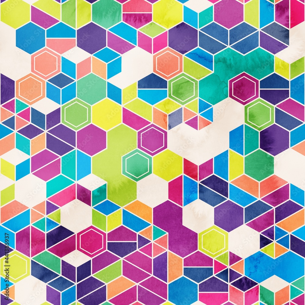 Seamless pattern of hexagons in random colors in watercolor. High quality illustration. Tile mosaic arrangement of triangles, trapezoids, and hexagons, in honeycomb arrangement. Design for print. Seamless pattern of hexagons in random colors in watercolor. High quality illustration. Tile mosaic arrangement of triangles, trapezoids, and hexagons, in honeycomb arrangement. Design for print.