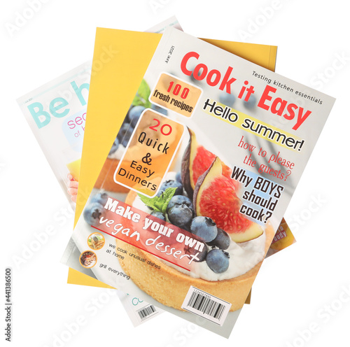 Stack of different magazines on white background, top view