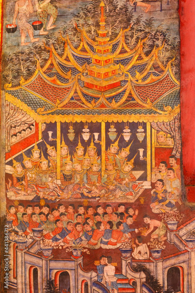 Obraz premium Wall Ancient painting of buddhist temple mural at Wat Phra sing, a famous temple in chiangmai province, Thailand. The temple is open to the public and has beautiful murals on the walls.