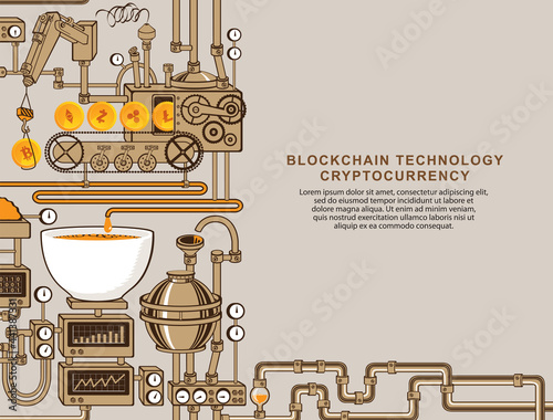 Bitcoin production concept. Factory conveyor of crypto currency mining. Blockchain technology vector illustration with industrial equipment and place for text. E-commerce and virtual digital money