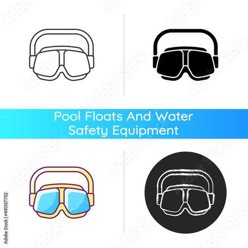 Swimming goggles icon. Eyes protection in swimming pool. Watertight, easy-to-wear equipment. Preventing from eye redness, irritation. Linear black and RGB color styles. Isolated vector illustrations