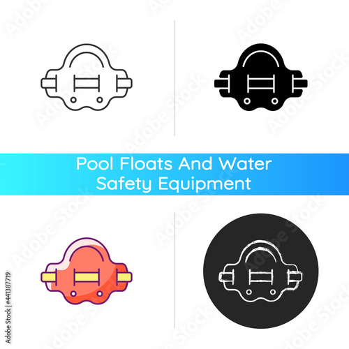 Aqua jogger icon. Aquatic fitness. Water jogging in swimming pool. Elastic belt for abdominal muscles. Enhancing water workout. Linear black and RGB color styles. Isolated vector illustrations