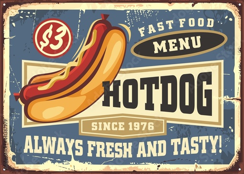Hot dogs promotional poster design for fast food restaurant. Hotdog with mustard and bread retro vector advertisement. Vintage diner sign with tasty hod dog and various text labels.