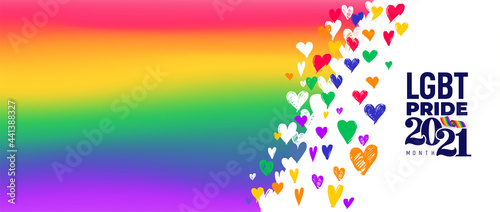 LGBT Pride Month logo 2021 flag concept. Freedom rainbow flag with hearts isolated. Gay parade annual summer event. LGBT Pride for lesbian gay bisexual and transgender. Vector illustration.