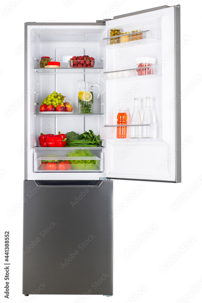 Open fridge full of fresh fruits and vegetables Open fridge full of fresh fruits and vegetables