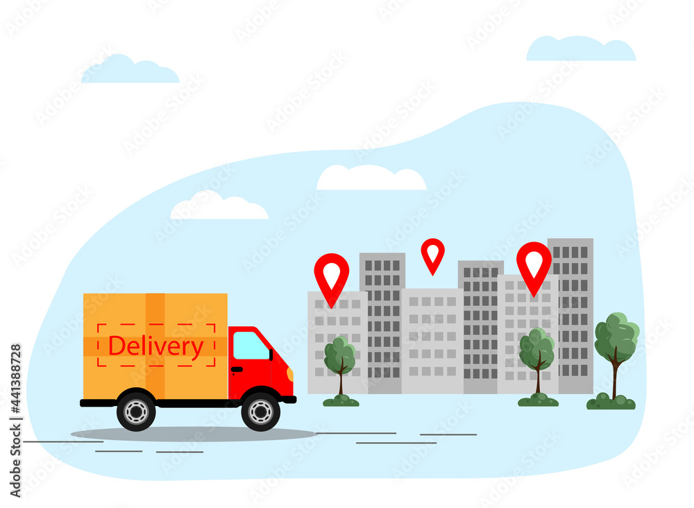 he truck delivers the goods. Online delivery service concept, online order tracking, home and office delivery. Vector illustration he truck delivers the goods. Online delivery service concept, online order tracking, home and office delivery. Vector illustration