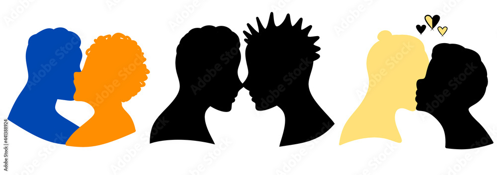 A set of silhouettes of loving gay couples in different color combinations. Yellow, orange, blue, black on a white background A set of silhouettes of loving gay couples in different color combinations. Yellow, orange, blue, black on a white background