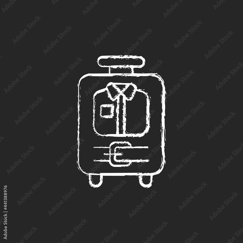 Open suitcase with clothing chalk white icon on dark background. Garments and apparel in traveller baggage. Essential for tourist. Travel size objects. Isolated vector chalkboard illustration on black Open suitcase with clothing chalk white icon on dark background. Garments and apparel in traveller baggage. Essential for tourist. Travel size objects. Isolated vector chalkboard illustration on black