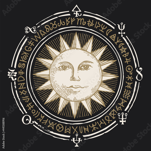 Hand-drawn illustration with the Sun and esoteric symbols on a black background in retro style. Vector banner, mascot or amulet in the form of a circle with magic signs and runes photo