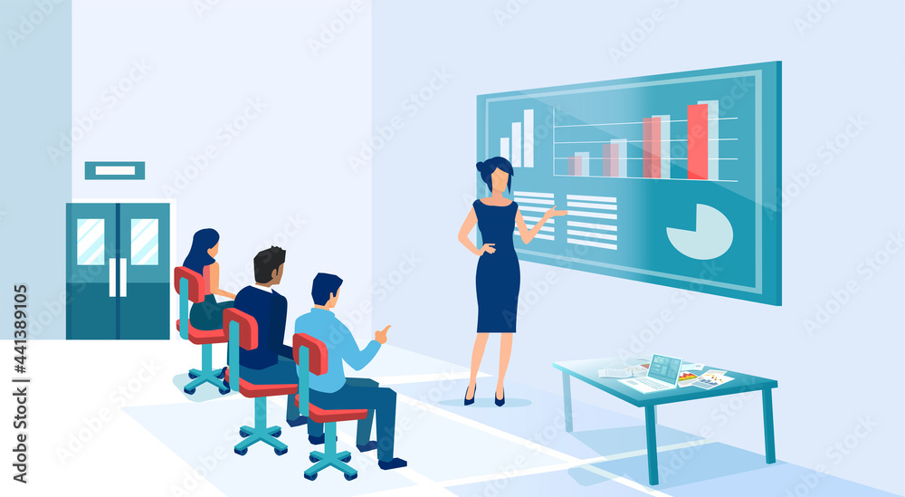 Vector of a business coach presenting charts and financial reports to employees at a seminar or a conference. Vector of a business coach presenting charts and financial reports to employees at a seminar or a conference.