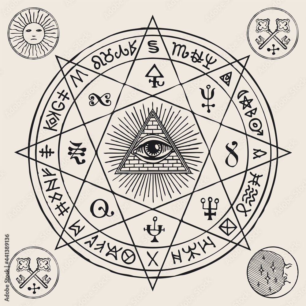 Vector illustration with an all-seeing eye inside octagonal star ...