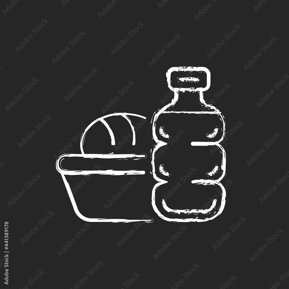 Airplane food chalk white icon on dark background. Meal during flight. Airline catering service. Essential things for tourist. Travel size objects. Isolated vector chalkboard illustration on black Airplane food chalk white icon on dark background. Meal during flight. Airline catering service. Essential things for tourist. Travel size objects. Isolated vector chalkboard illustration on black